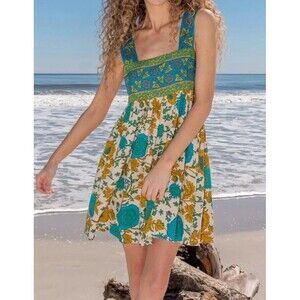 NWTNatural Life Mini Dress Ochre Leafy Floral Boho Cottage Core Beach Size XL